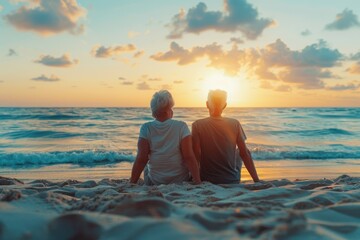 Senior couple sitting on the sandy beach and looking at the sea sunset. Meet old age at the seaside, a tourism concept - obrazy, fototapety, plakaty