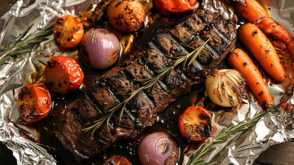 Roasted beef tenderloin meat grilled, with roast vegetables on a dark background close up. - obrazy, fototapety, plakaty