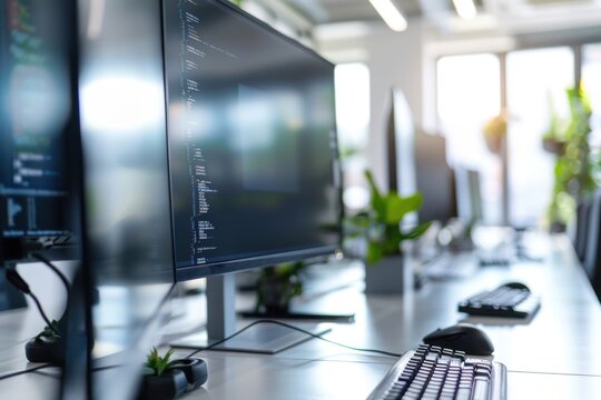Row of computer screens in bright modern office in shallow depth of field