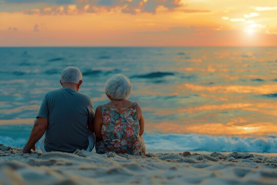 Senior couple sitting on the sandy beach and looking at the sea sunset. Meet old age at the seaside, a tourism concept