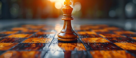 Symbolizing Leadership in Business Strategy Success and Management: The Golden Queen Chess Piece on a Game Board. Concept Business Strategy, Leadership, Success, Management, Chess Game - obrazy, fototapety, plakaty