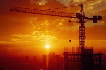 Silhouette of modern office building construction tower crane on high ground heavy industry against sunset