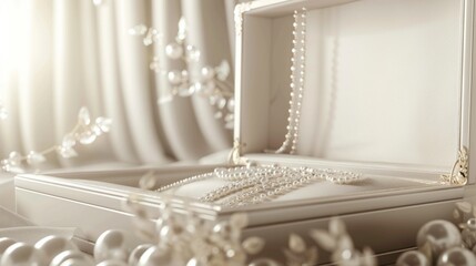 An open luxurious jewelry box reveals strands of gleaming pearls, offering an image of elegance, wealth, and timeless beauty ideal for high-end designs.