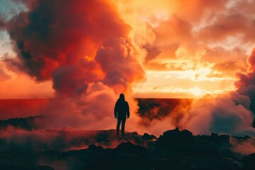 Silhouette of human standing in front of active volcano with smoke - obrazy, fototapety, plakaty