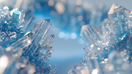 Intricate ice crystals jut out in a macro landscape of sharp geometries, reflecting the cool tones of a winter's light.