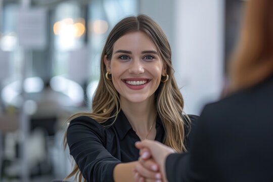 smiling business woman manager handshaking with client at office meeting