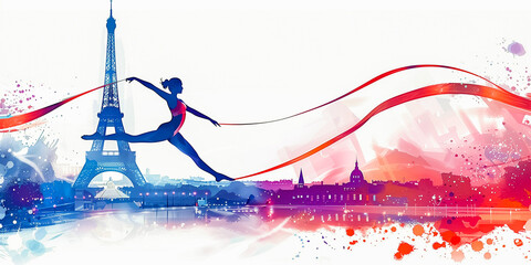 Olympic Games in Paris, France 2024. Graceful gymnast girl shows beautiful exercises and jumps with a ribbon on the background of the Eiffel Tower - obrazy, fototapety, plakaty