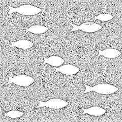 Black and white seamless pattern with fish in the sea. Abstract Background with dots.	