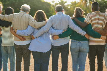 Group of multiracial people hugging each other at city park - Back view of multi generational...