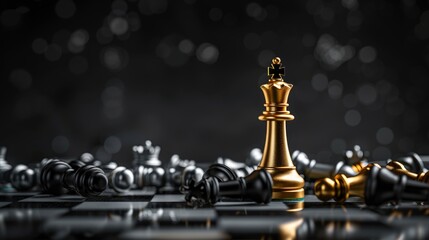 golden chess king standing on a board among fallen chess pieces on a black background