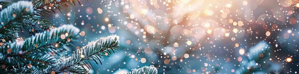 Obraz na płótnie Canvas Creative Christmas Celebration Background: Snowy Pine Tree Forest with Glittering Lights