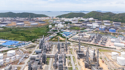 Aerial  view Industry Oil refinery oil and gas refinery background, Business petrochemical industrial, factory power and fuel energy, Ecosystem estates. Fuel refinery industry and port