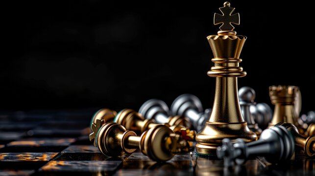 golden chess king standing on a board among fallen chess pieces on a black background