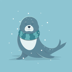 A cute gray seal in a cozy striped scarf amidst falling snow, illustrated on a blue background.