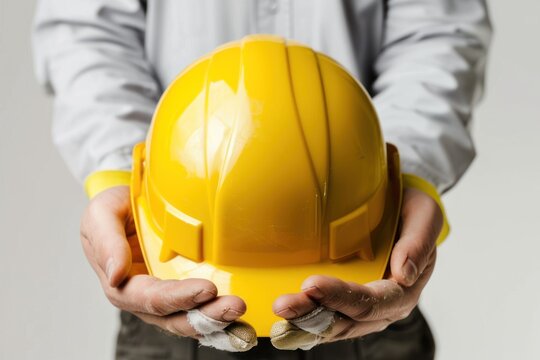 Yellow hard hat in the hands of a builder Isolated on solid white background