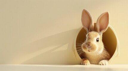 Easter Bunny Peeking Out from a Hole on a Cream-Colored Background - 3D Rendered Illustration