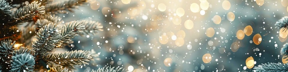 Naklejka na ściany i meble Creative Christmas Celebration Background: Snowy Pine Tree Forest with Glittering Lights