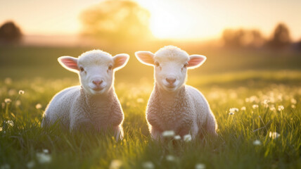 two little sheep or lambs on grass - 776155932