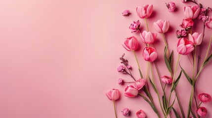  Elegant Display of Pink Tulips and Blossoms on a Soft Pink Background