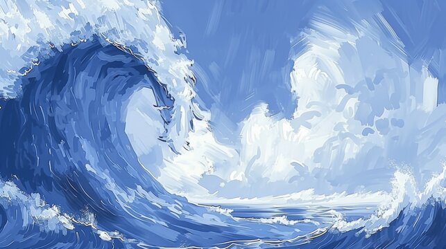 Digital art of a towering blue wave poised to crash, encapsulating the majestic power of the ocean with sky and foam in vibrant contrast.