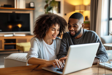 Happy young married couple looking at laptop together at cozy home office