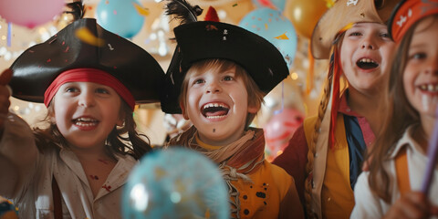 Cheerful six years old kids wearing pirate costumes and hats celebrating birthday outdoors with...