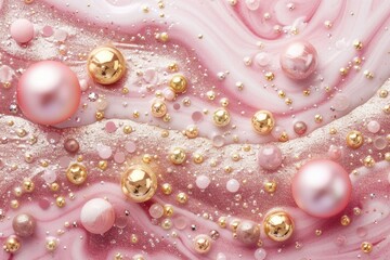 Abstract vibrant festive pink liquid background with golden bubbles