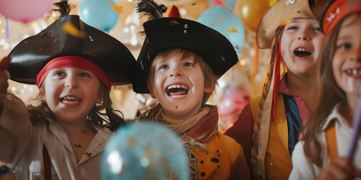 Cheerful six years old kids wearing pirate costumes and hats celebrating birthday outdoors with colorful flag garland and balloons. Children birthday party.