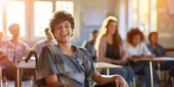 Cheerful teenage boy sitting in a wheelchair in a classroom in school. Disabled child learning new skills with his typical peers. Education for special needs children.