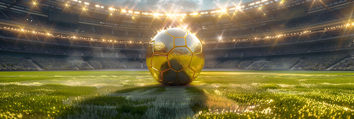   A golden soccer ball in a large soccer stadium goal ,Soccer ball on dark stadium background  , Gold ball soccer award Sport team concept
