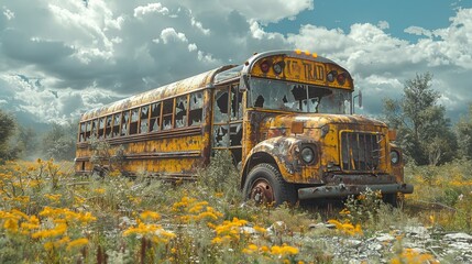 Nature's Reclamation: Witnessing the Haunting Beauty of an Abandoned School Bus in Desolate Decay