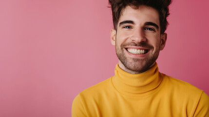 Homem vestindo uma blusa de gola alta amarela no fundo rosa claro - obrazy, fototapety, plakaty