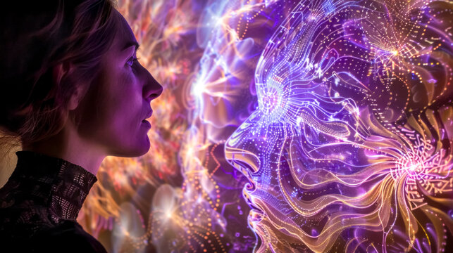 Woman gazing into cosmic lights display