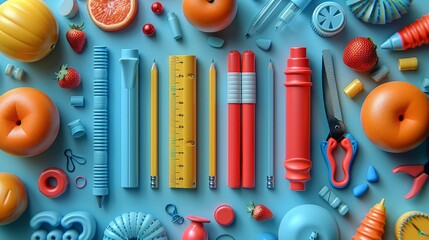 Academic Creativity: A Whimsical Display of Essential School Supplies in a Playful Composition