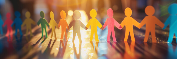 Rainbow colored paper human figures holding their hands on nature background. Diversity and Inclusion concept. - 776156903