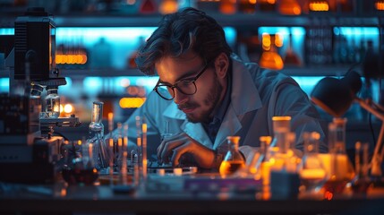 Lab Vigil: A Ph.D. Student Immersed in Late-Night Research Endeavors Amidst Beakers and Test Tubes - obrazy, fototapety, plakaty