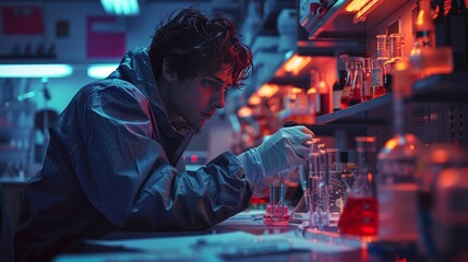 Burning the Midnight Oil: A Ph.D. Student's Tireless Pursuit of Scientific Discovery in the Lab - obrazy, fototapety, plakaty