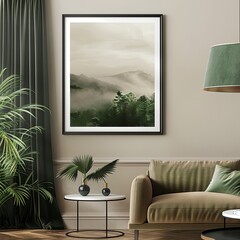 Living room, sitting room, close up of mock-up of framed print on wall with black border. Generated AI. - obrazy, fototapety, plakaty