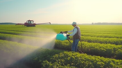 Fototapeta na wymiar Spraying pesticides in a springtime soybean field. Concept Agricultural Pest Control