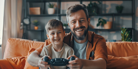 Young father playing video games with his child. Good parenting, bonding, quality time with a child, fun active leisure for families with kids. Celebration of Father's Day concept.