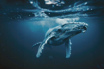 vue sous-marine d'une baleine à bosse venant respirer à la surface de l'océan - obrazy, fototapety, plakaty