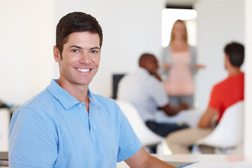 Casual, businessman and smile in portrait at office with colleagues, working or job or happy. Male...