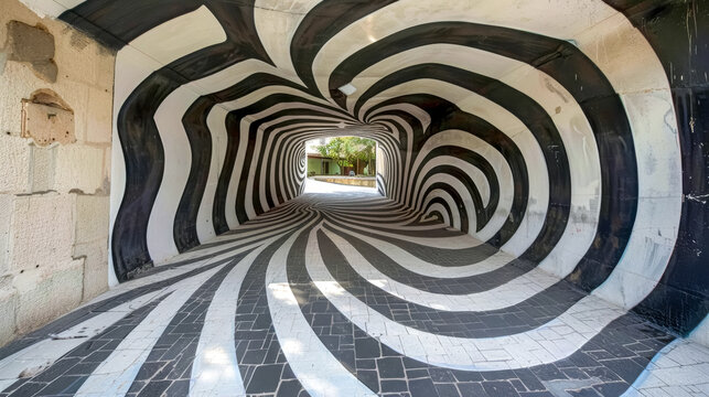 Hypnotic tunnel passage with black and white stripes