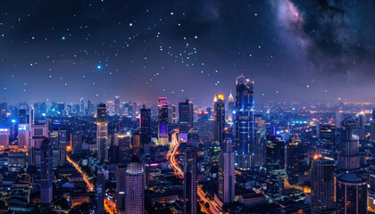 A city at night with a bright starry sky by AI generated image