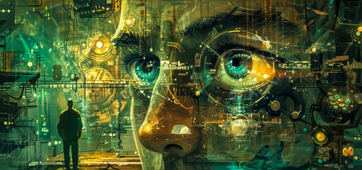 Cybernetic vision: man and futuristic interface