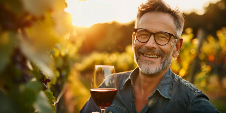Handsome successful winemaker tasting a flavor of his wine. Sommelier checking red wine quality in vineyards at sunset.