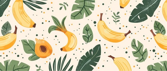   A collection of bananas and tropical plants against a white backdrop, featuring yellow and green leaves with distinct spots