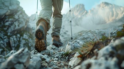 A man is hiking up a mountain with a pair of trekking poles - obrazy, fototapety, plakaty