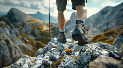 A man is hiking up a mountain with a pair of trekking poles - obrazy, fototapety, plakaty