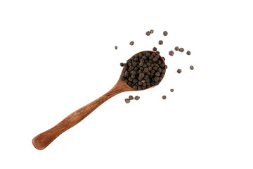 Top view of black pepper peas on spoon and on white background.